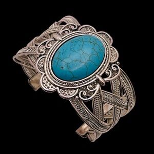 Bold Statement Silver Tone and Dyed Howlite Faux Turquoise Cuff Bracelet